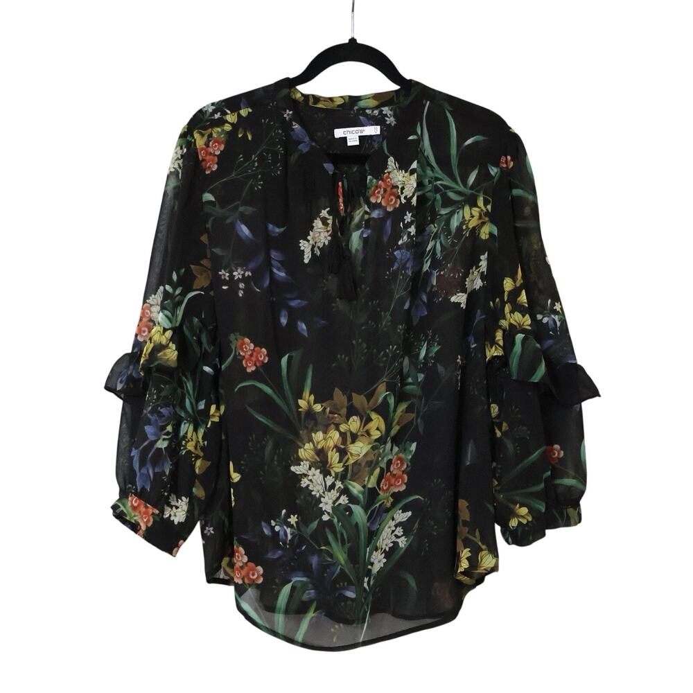 NWT Chico's Black Wildflower Double Ruffle Sheer Long Sleeve Blouse 2.5 14 Boho